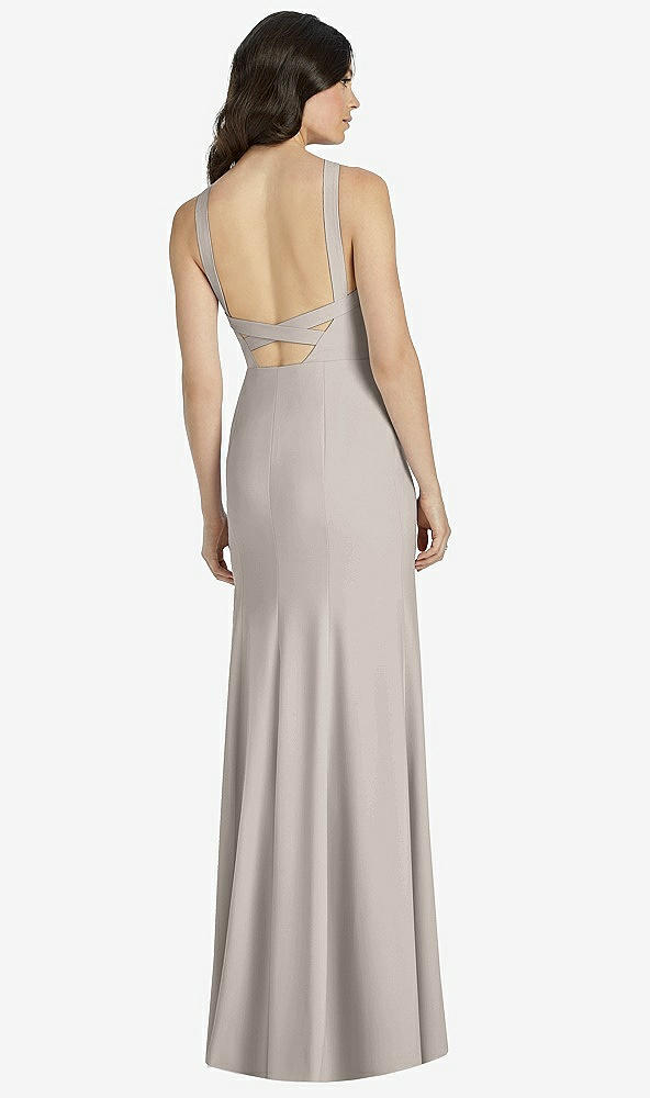 Back View - Taupe High-Neck Backless Crepe Trumpet Gown