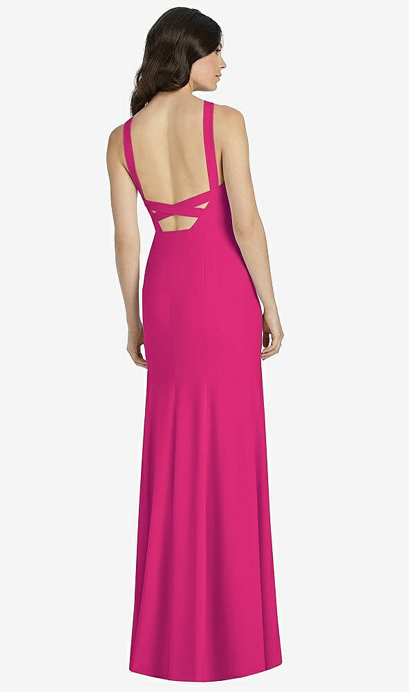 Back View - Think Pink High-Neck Backless Crepe Trumpet Gown