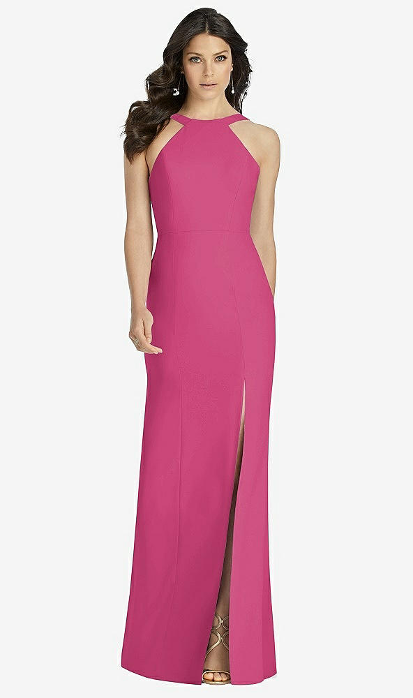 Front View - Tea Rose High-Neck Backless Crepe Trumpet Gown