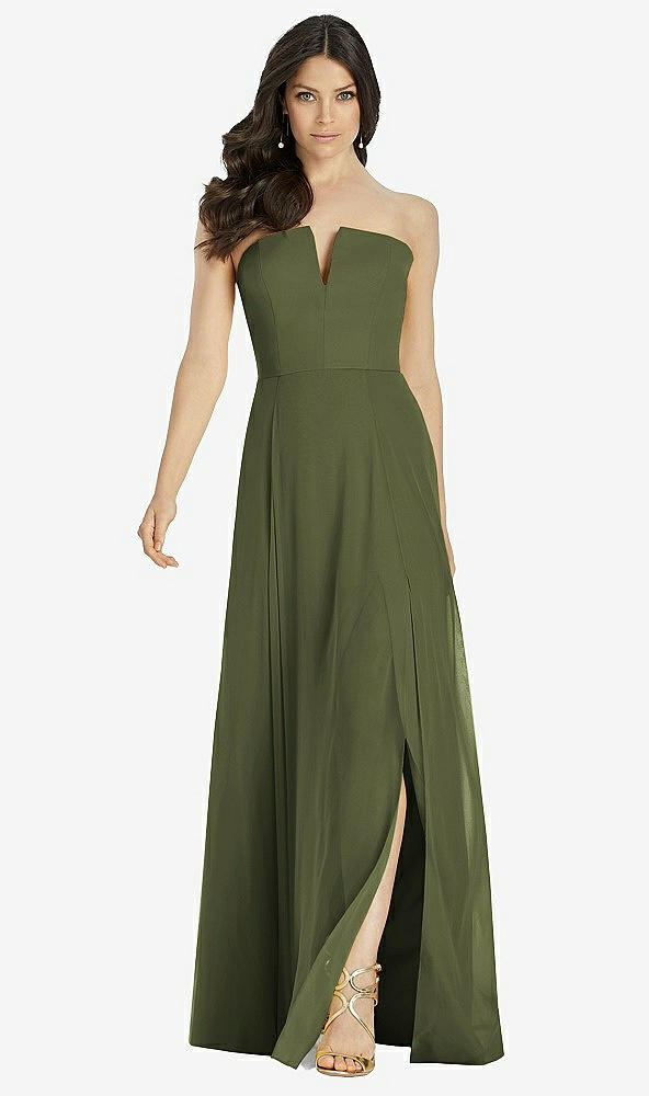 Front View - Olive Green Strapless Notch Chiffon Maxi Dress