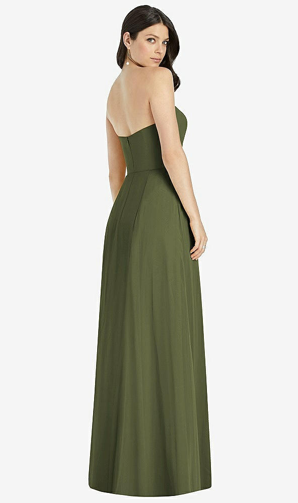 Back View - Olive Green Strapless Notch Chiffon Maxi Dress