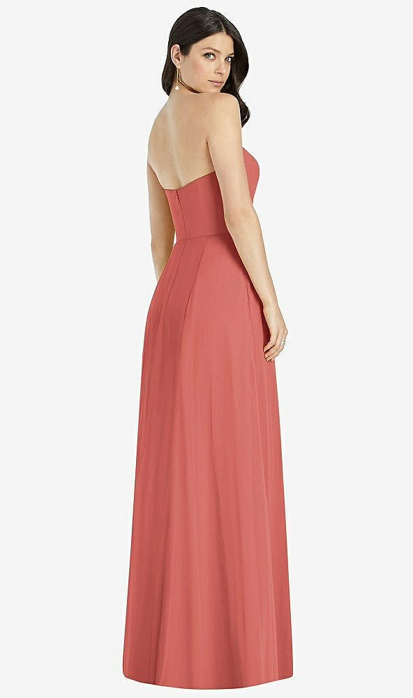 Back View - Coral Pink Strapless Notch Chiffon Maxi Dress