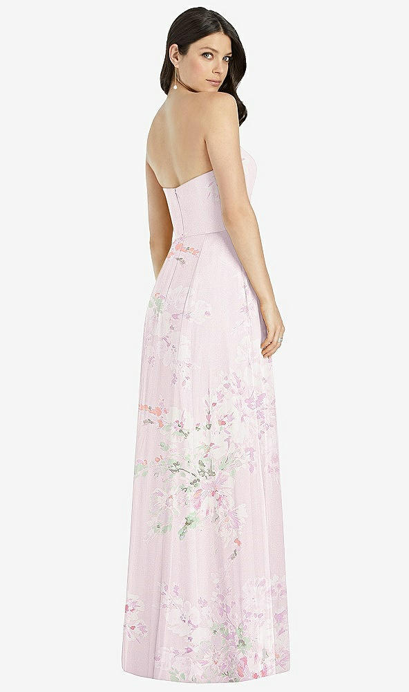 Back View - Watercolor Print Strapless Notch Chiffon Maxi Dress