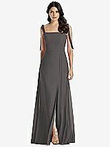 Front View Thumbnail - Caviar Gray Tie-Shoulder Chiffon Maxi Dress with Front Slit