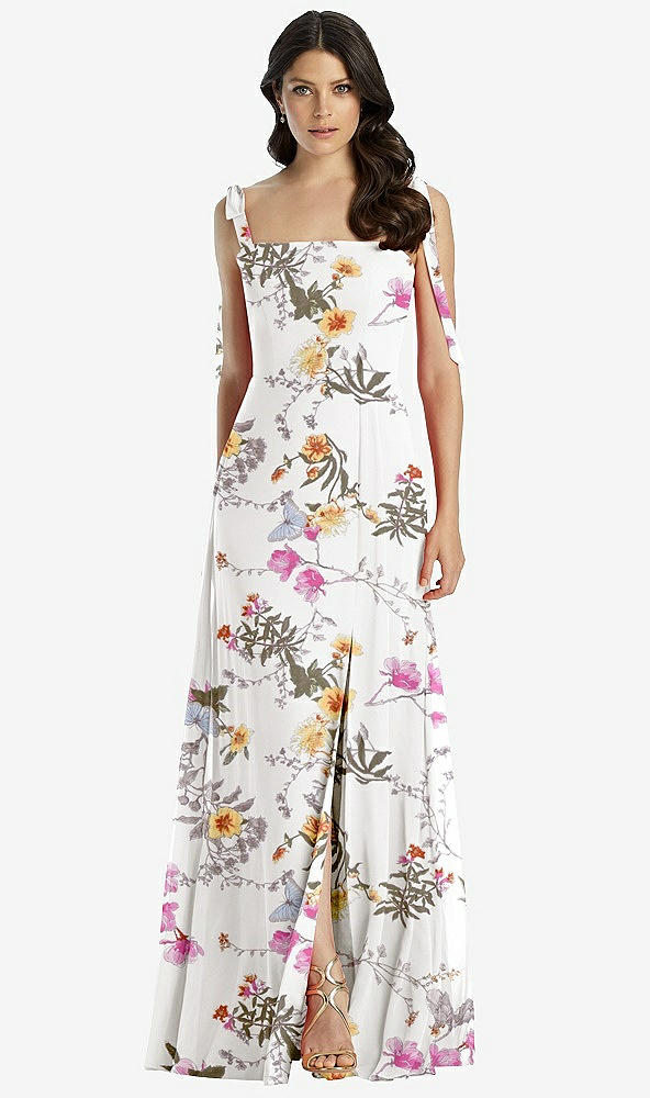Front View - Butterfly Botanica Ivory Tie-Shoulder Chiffon Maxi Dress with Front Slit
