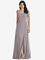 Front View Thumbnail - Cashmere Gray Tie-Shoulder Chiffon Maxi Dress with Front Slit