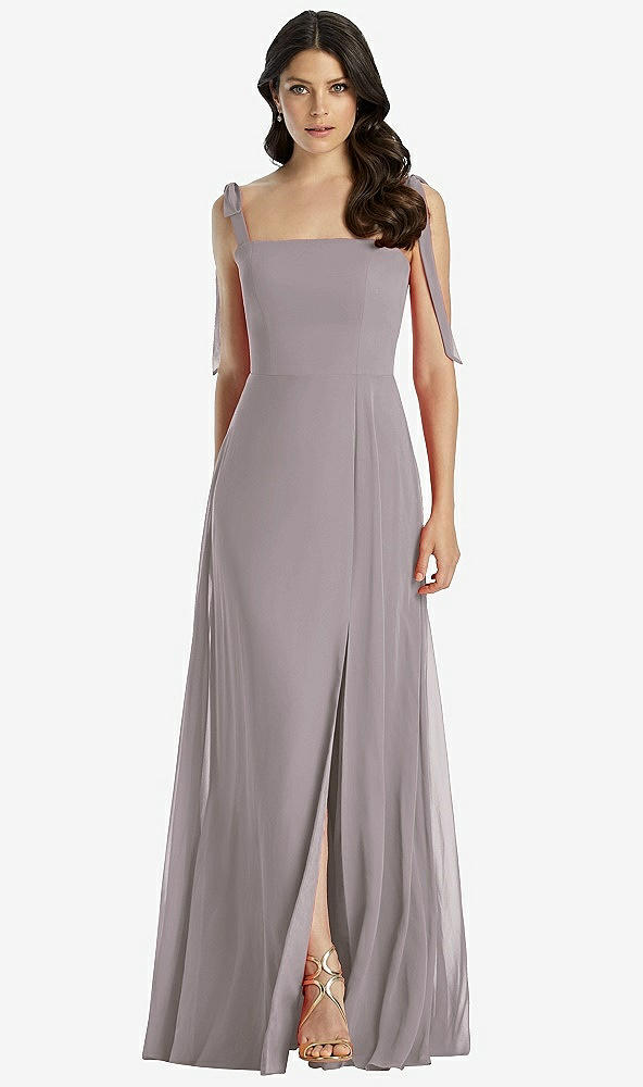 Front View - Cashmere Gray Tie-Shoulder Chiffon Maxi Dress with Front Slit