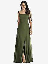 Front View Thumbnail - Olive Green Tie-Shoulder Chiffon Maxi Dress with Front Slit