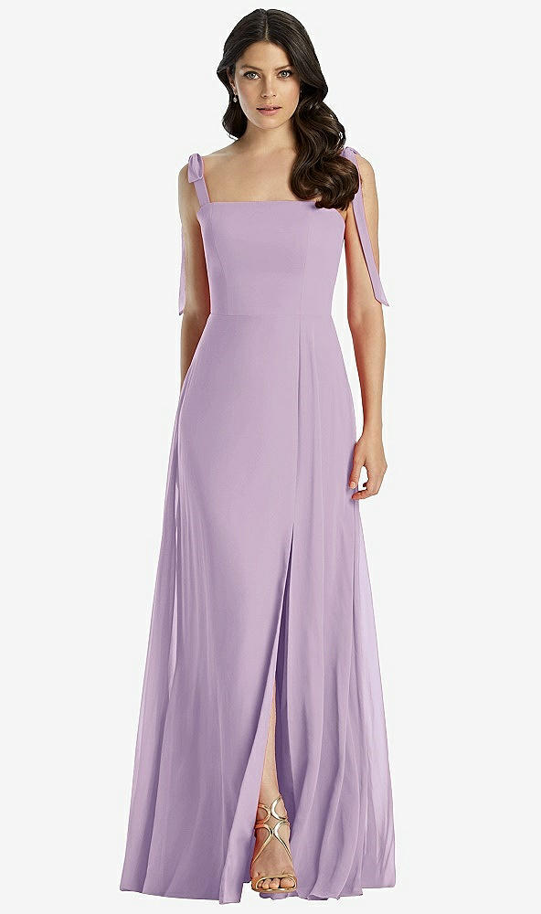 Front View - Pale Purple Tie-Shoulder Chiffon Maxi Dress with Front Slit