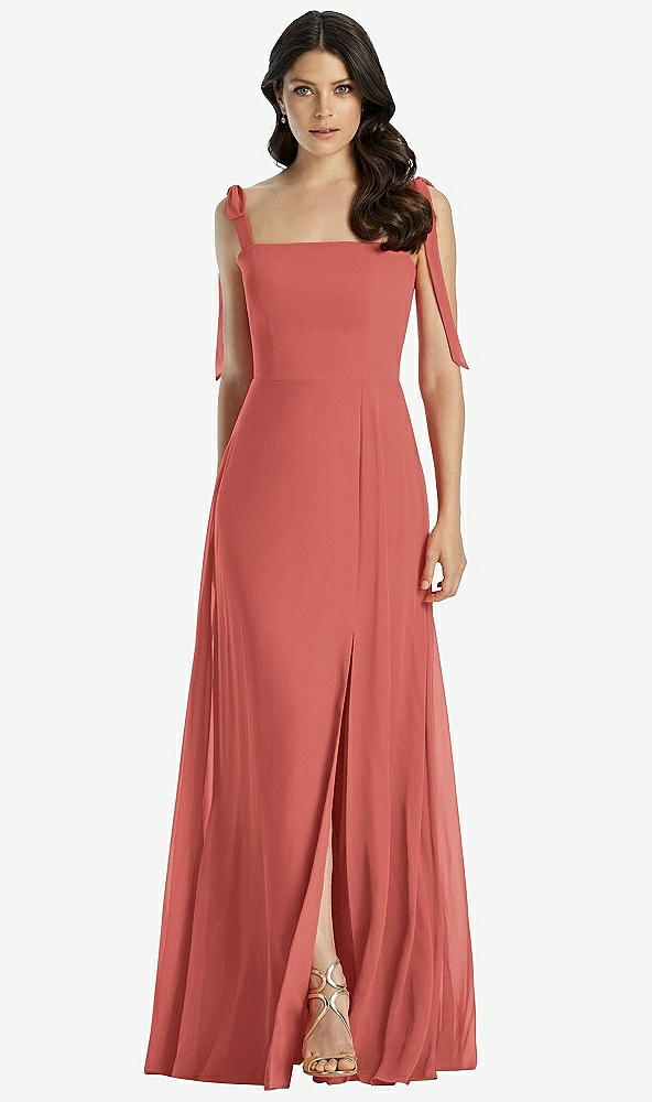 Front View - Coral Pink Tie-Shoulder Chiffon Maxi Dress with Front Slit