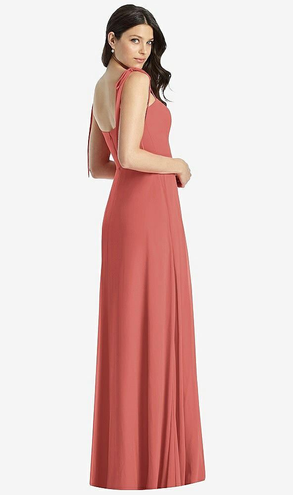 Back View - Coral Pink Tie-Shoulder Chiffon Maxi Dress with Front Slit