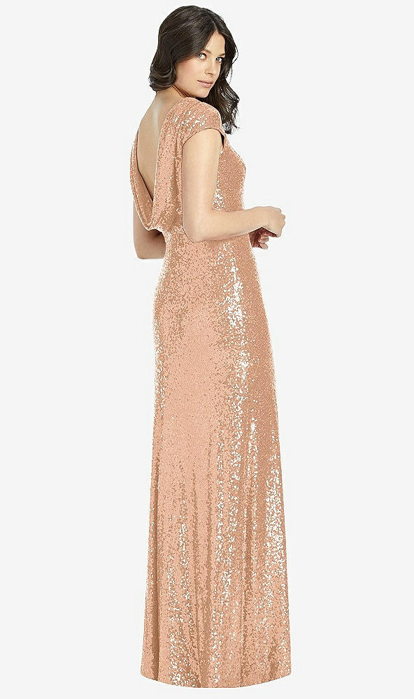 Front View - Copper Rose Cap Sleeve Cowl-Back Sequin Gown with Front Slit