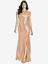 Rear View Thumbnail - Copper Rose Cap Sleeve Cowl-Back Sequin Gown with Front Slit