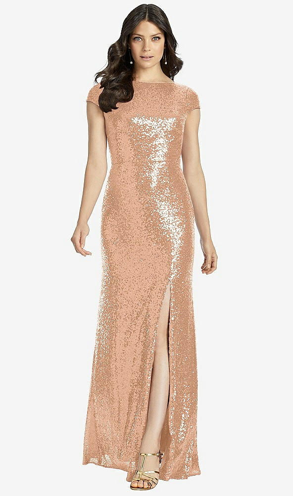 Back View - Copper Rose Cap Sleeve Cowl-Back Sequin Gown with Front Slit