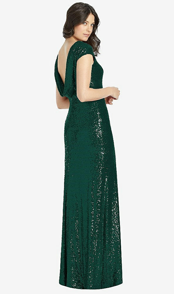 Front View - Hunter Green Cap Sleeve Cowl-Back Sequin Gown with Front Slit