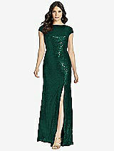 Rear View Thumbnail - Hunter Green Cap Sleeve Cowl-Back Sequin Gown with Front Slit