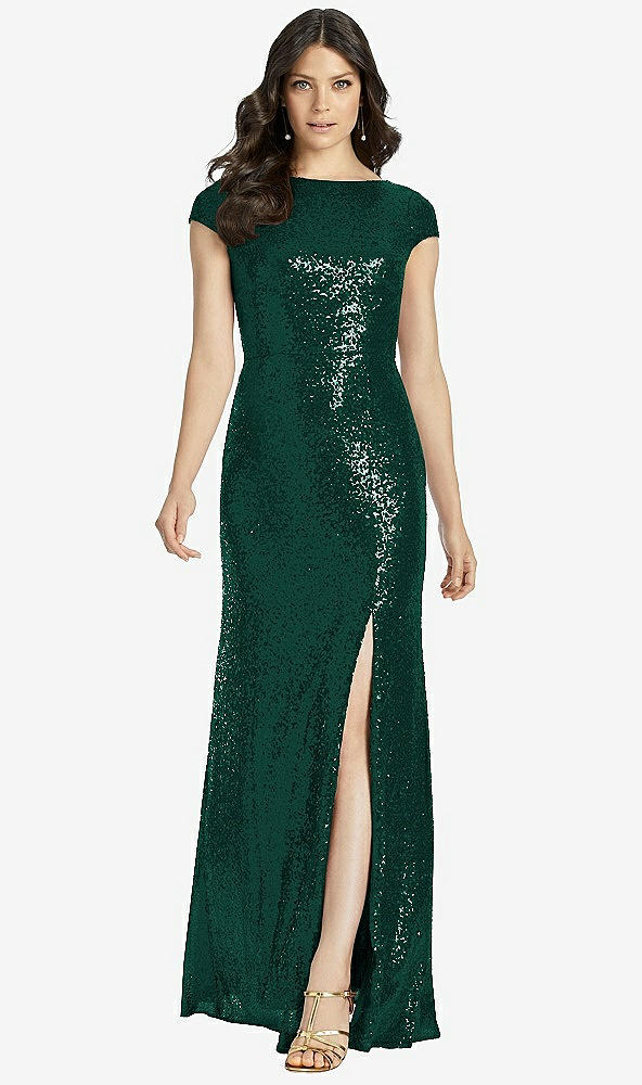 Back View - Hunter Green Cap Sleeve Cowl-Back Sequin Gown with Front Slit