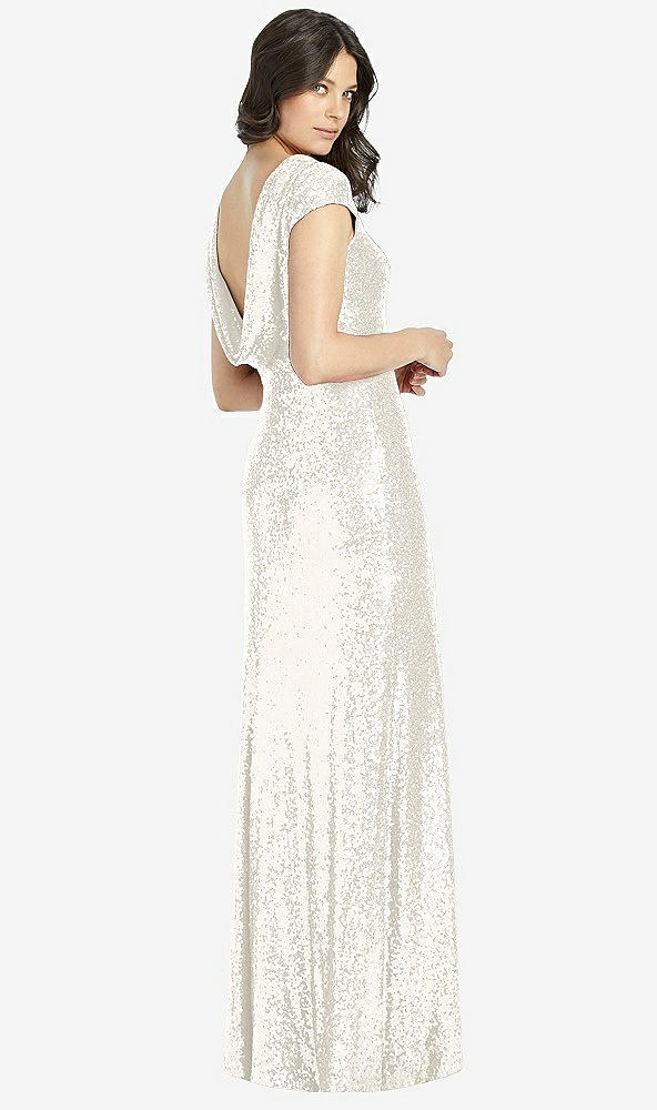 Front View - Ivory Cap Sleeve Cowl-Back Sequin Gown with Front Slit