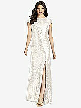 Rear View Thumbnail - Ivory Cap Sleeve Cowl-Back Sequin Gown with Front Slit