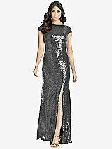 Rear View Thumbnail - Stardust Cap Sleeve Cowl-Back Sequin Gown with Front Slit