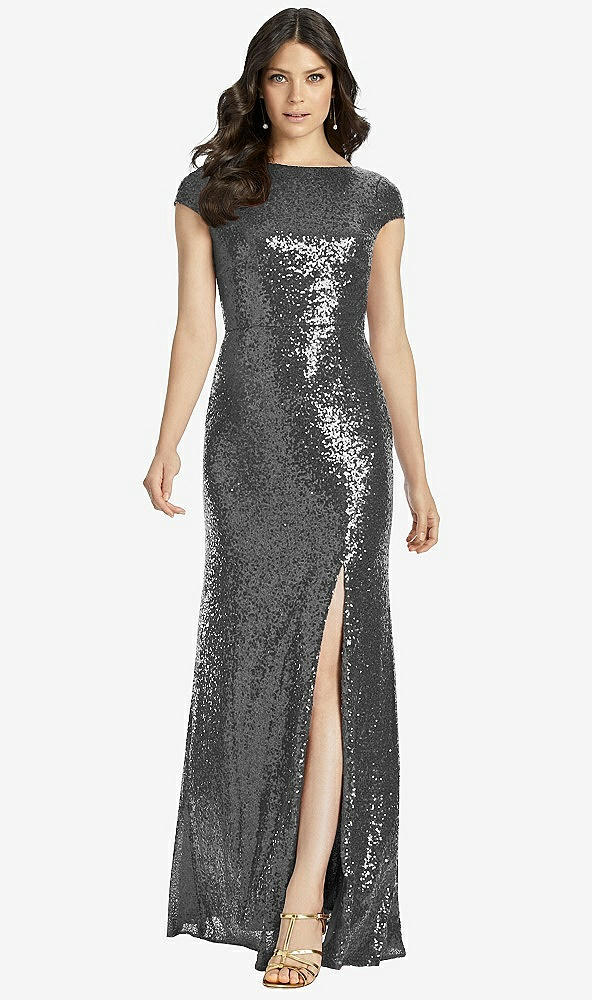 Back View - Stardust Cap Sleeve Cowl-Back Sequin Gown with Front Slit
