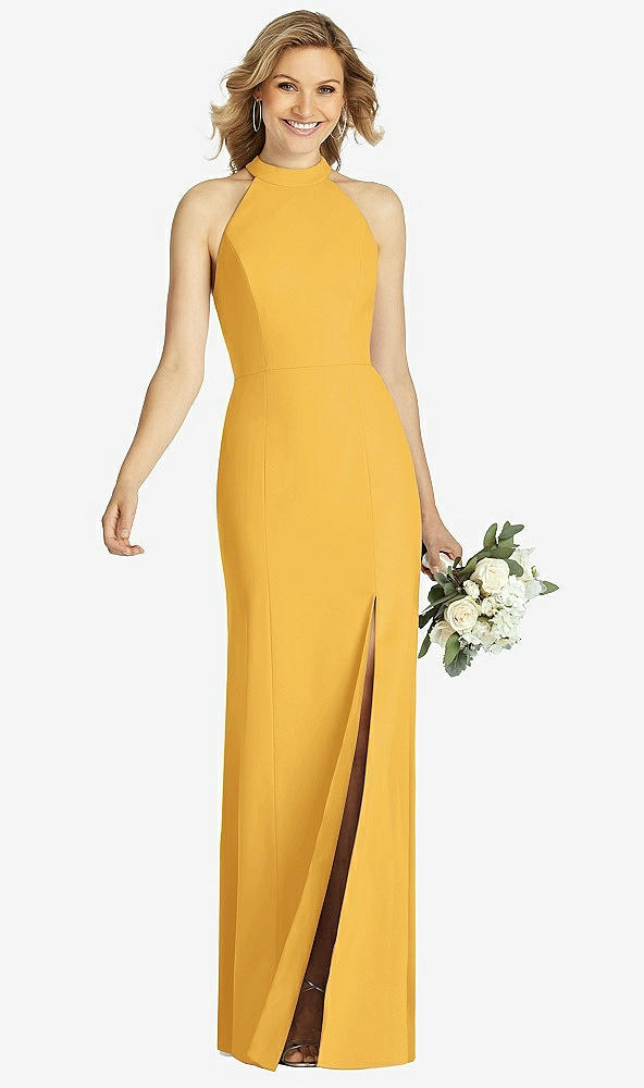 Front View - NYC Yellow High-Neck Cutout Halter Trumpet Gown