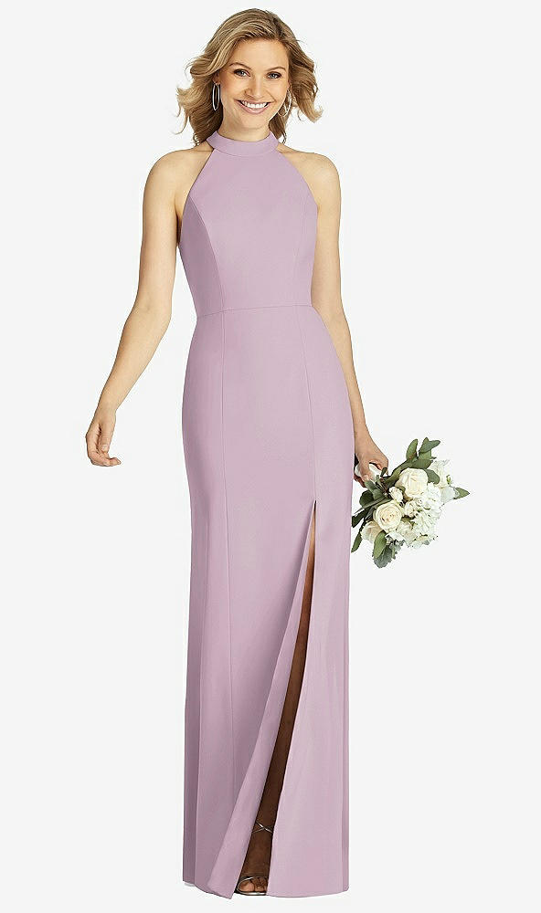 Front View - Suede Rose High-Neck Cutout Halter Trumpet Gown