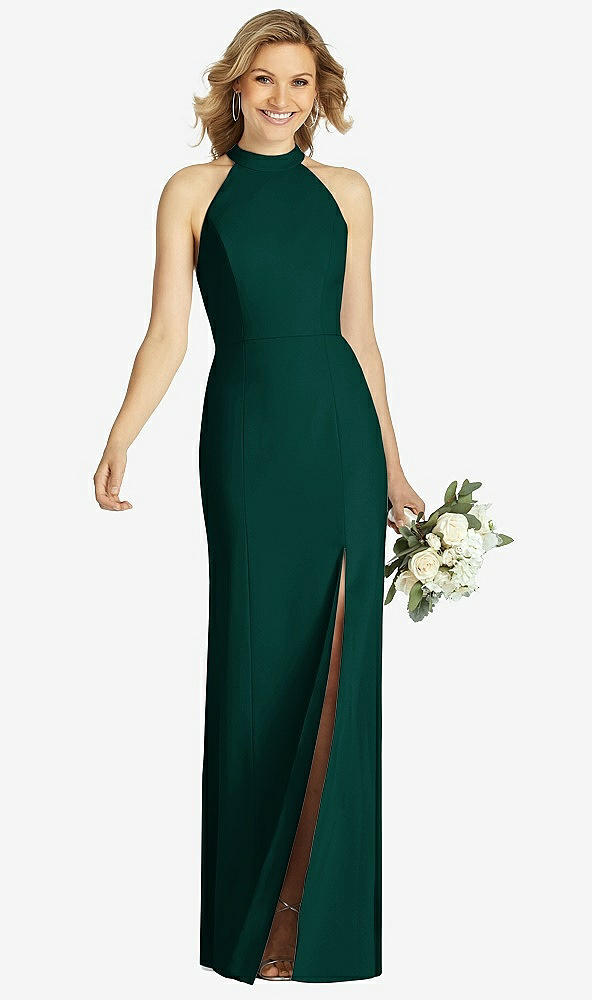 Front View - Evergreen High-Neck Cutout Halter Trumpet Gown