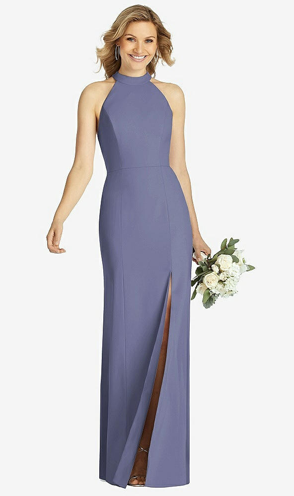 Front View - French Blue High-Neck Cutout Halter Trumpet Gown