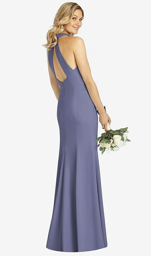 Back View - French Blue High-Neck Cutout Halter Trumpet Gown