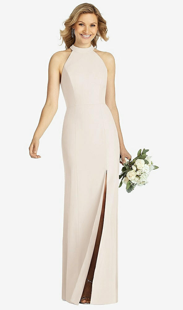Front View - Oat High-Neck Cutout Halter Trumpet Gown