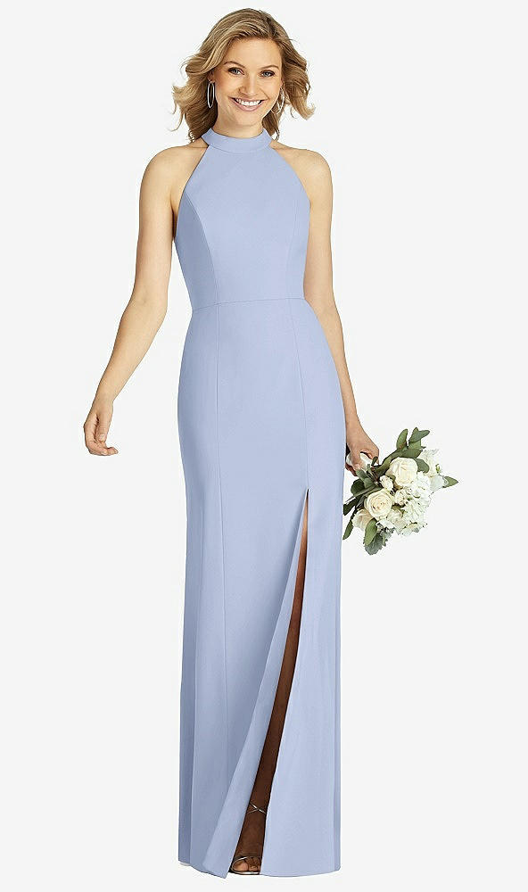 Front View - Sky Blue High-Neck Cutout Halter Trumpet Gown