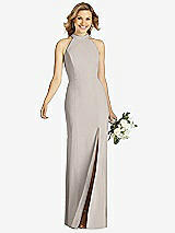 Front View Thumbnail - Taupe High-Neck Cutout Halter Trumpet Gown