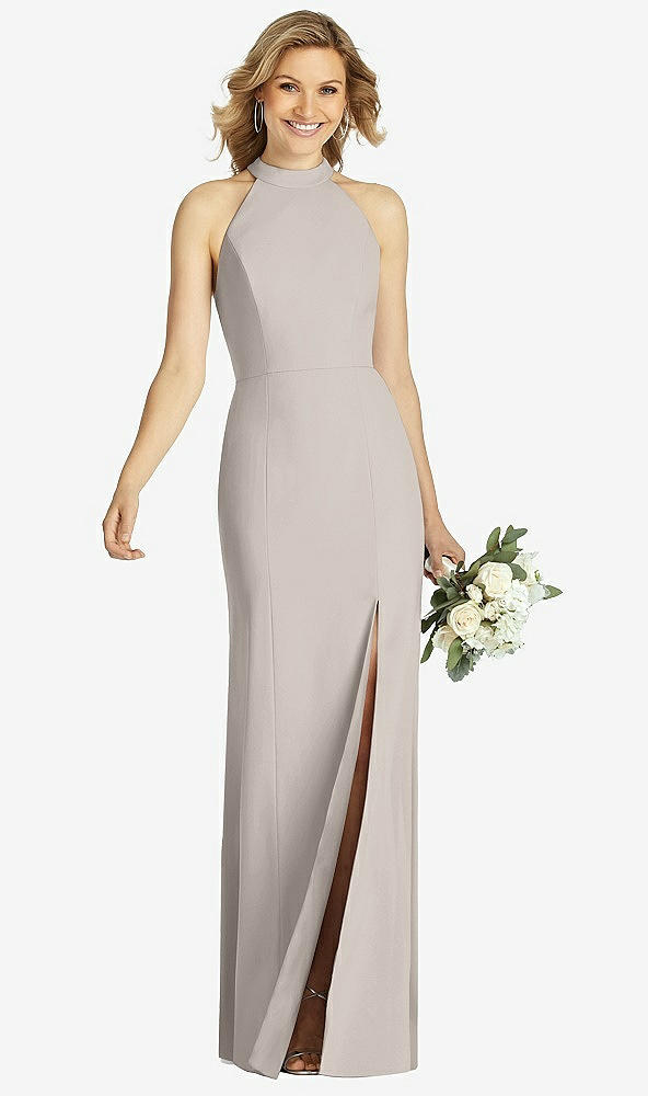 Front View - Taupe High-Neck Cutout Halter Trumpet Gown