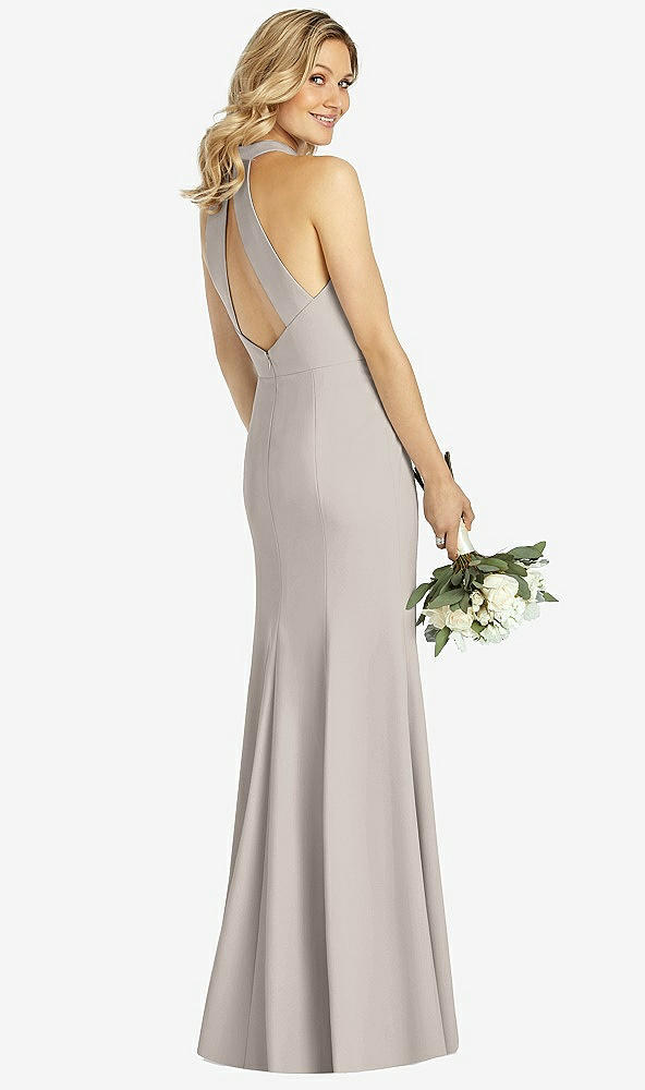 Back View - Taupe High-Neck Cutout Halter Trumpet Gown