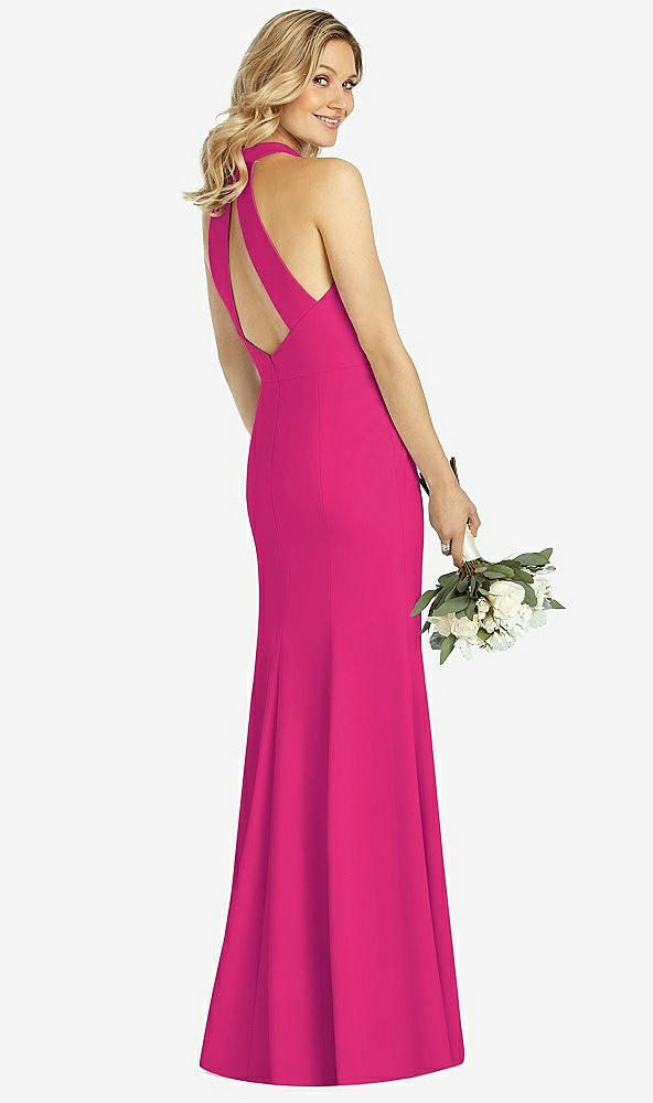 Back View - Think Pink High-Neck Cutout Halter Trumpet Gown