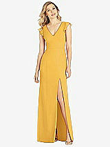 Front View Thumbnail - NYC Yellow Ruffled Sleeve Mermaid Dress with Front Slit