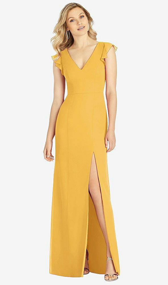 Front View - NYC Yellow Ruffled Sleeve Mermaid Dress with Front Slit