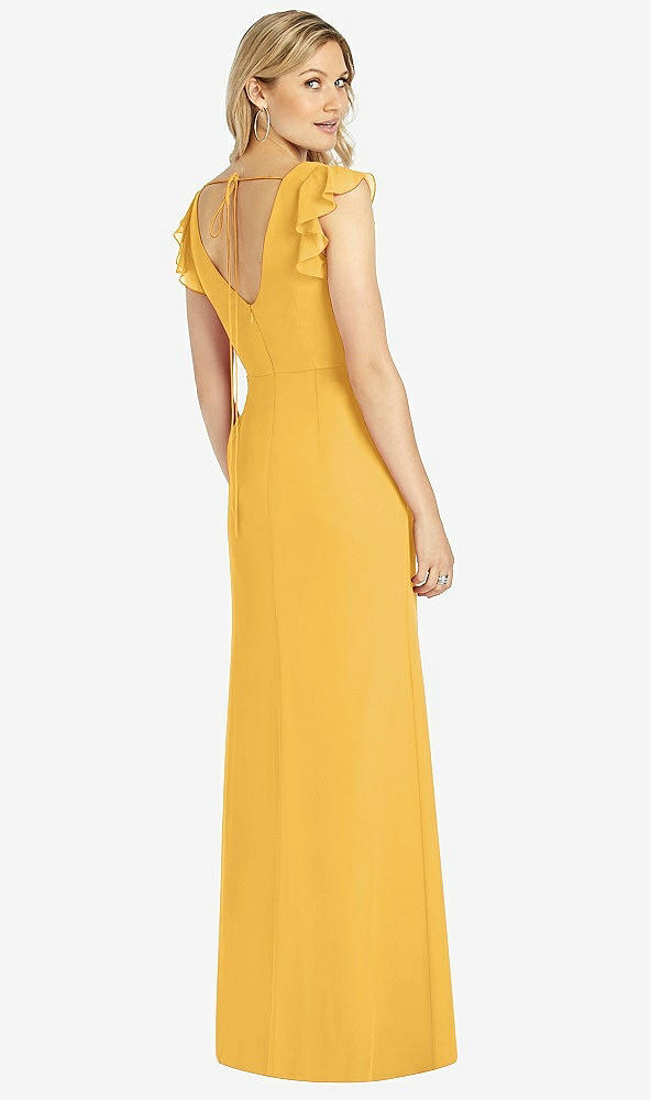 Back View - NYC Yellow Ruffled Sleeve Mermaid Dress with Front Slit