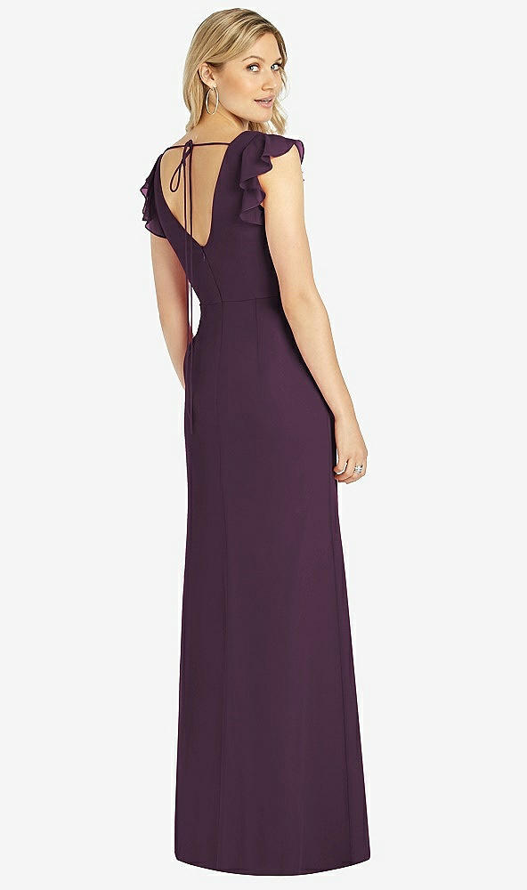 Back View - Aubergine Ruffled Sleeve Mermaid Dress with Front Slit