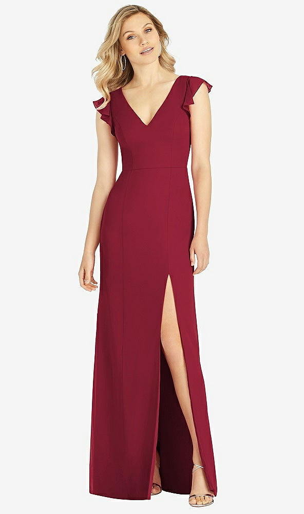 Front View - Burgundy Ruffled Sleeve Mermaid Dress with Front Slit