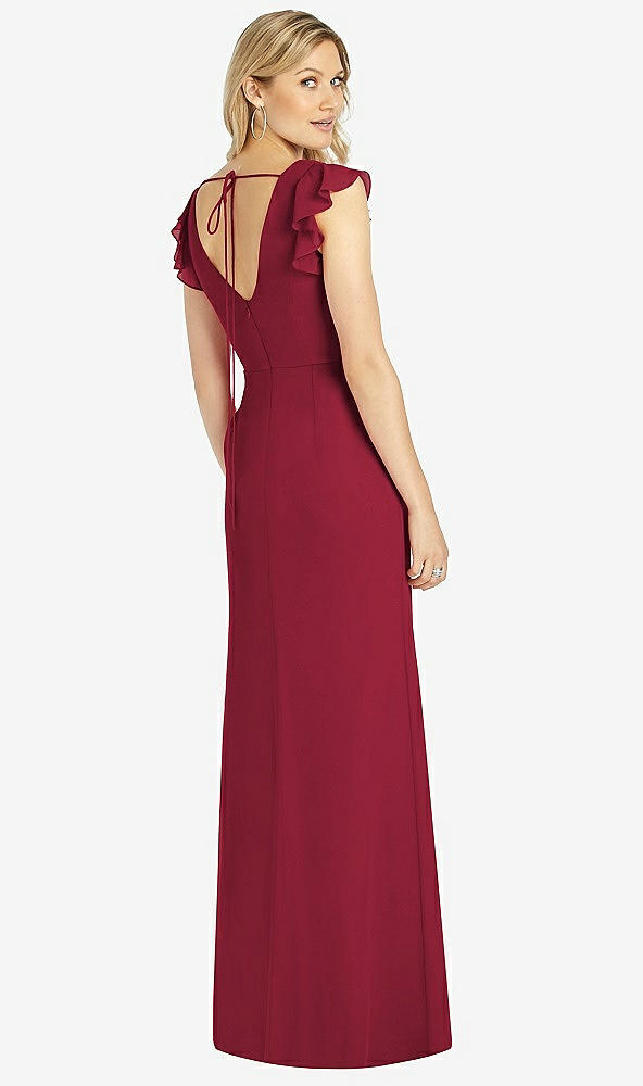 Back View - Burgundy Ruffled Sleeve Mermaid Dress with Front Slit