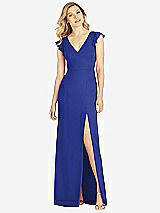 Front View Thumbnail - Cobalt Blue Ruffled Sleeve Mermaid Dress with Front Slit