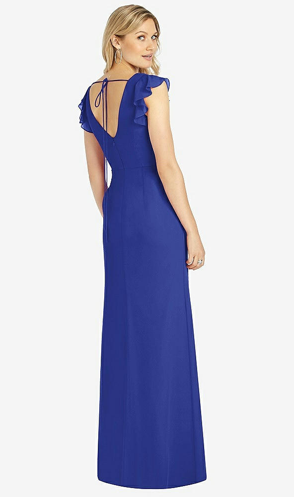 Back View - Cobalt Blue Ruffled Sleeve Mermaid Dress with Front Slit
