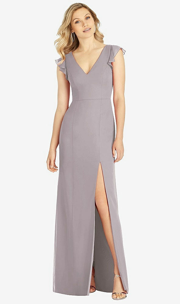 Front View - Cashmere Gray Ruffled Sleeve Mermaid Dress with Front Slit