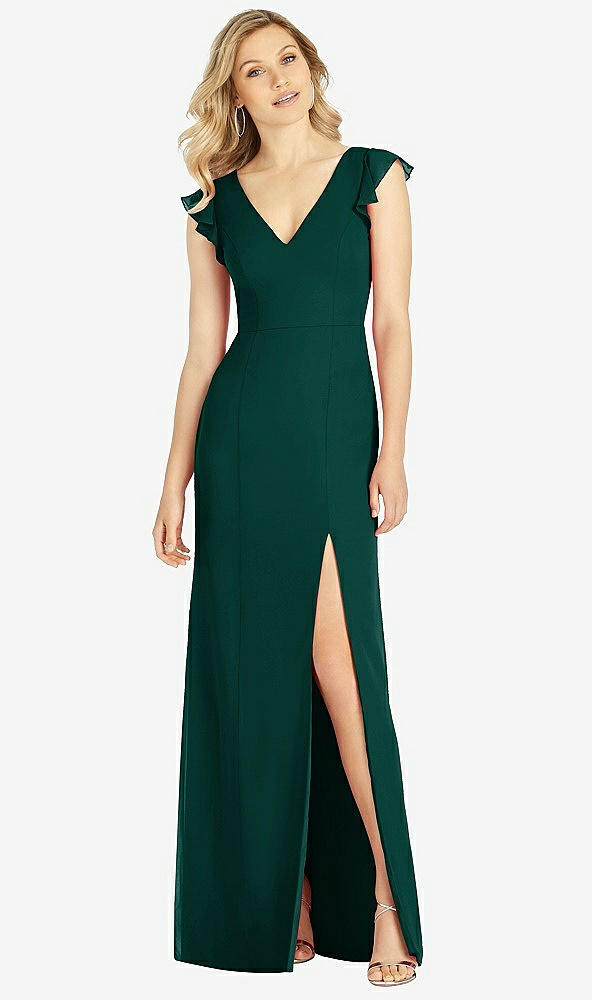 Front View - Evergreen Ruffled Sleeve Mermaid Dress with Front Slit