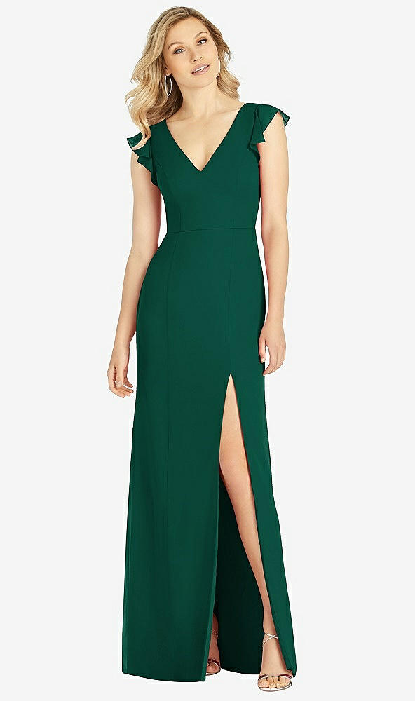 Front View - Hunter Green Ruffled Sleeve Mermaid Dress with Front Slit