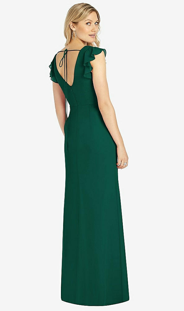 Back View - Hunter Green Ruffled Sleeve Mermaid Dress with Front Slit