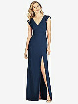 Front View Thumbnail - Midnight Navy Ruffled Sleeve Mermaid Dress with Front Slit