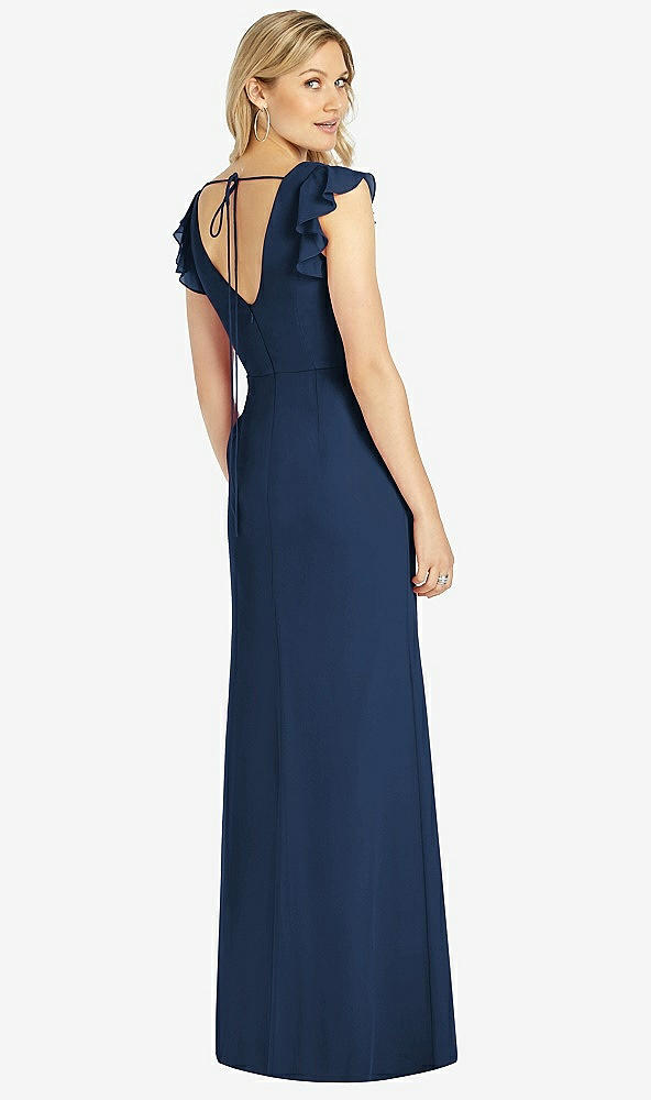 Back View - Midnight Navy Ruffled Sleeve Mermaid Dress with Front Slit